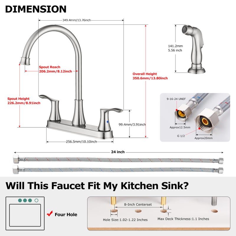 PARLOS 8 Inch Two Handles High Arch Kitchen Sink Faucet with Side Sprayer & Supply Lines, Brushed Nickel, Demeter 14138 - Image 5